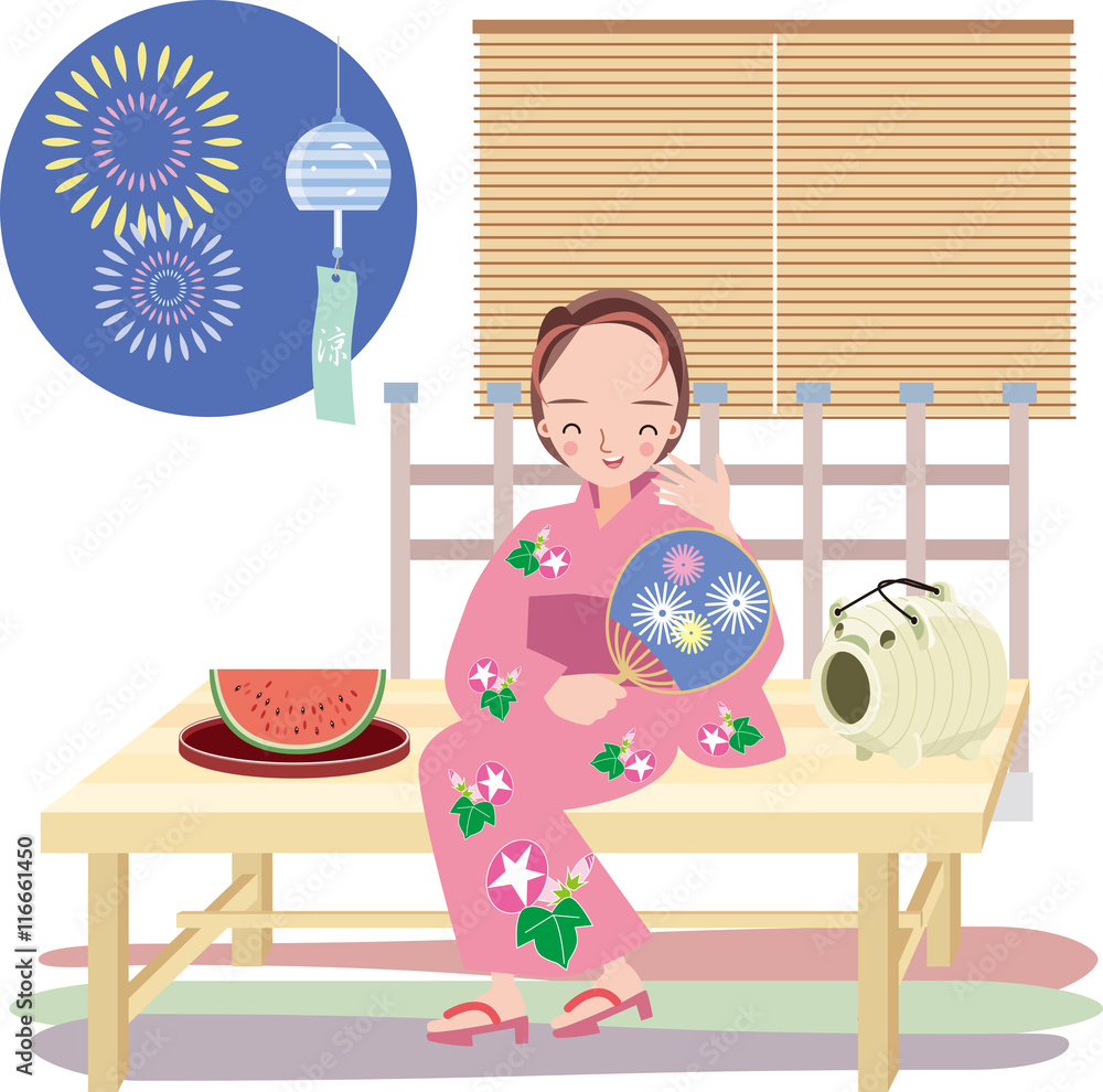 若い女性が縁台で浴衣を着て夕涼み Stock ベクター Adobe Stock
