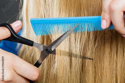 Woman cutting down smoothy hair. photo