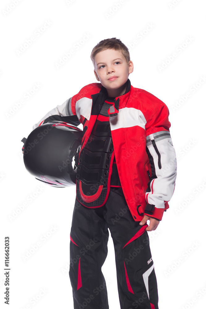 Race car or bike driver. The boy in the costume of the racer isolated on white background Race car or bike driver. The boy in the costume of the racer isolated on white background