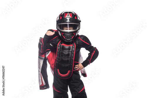Race car or bike driver. The boy in the costume of the racer isolated on white background
