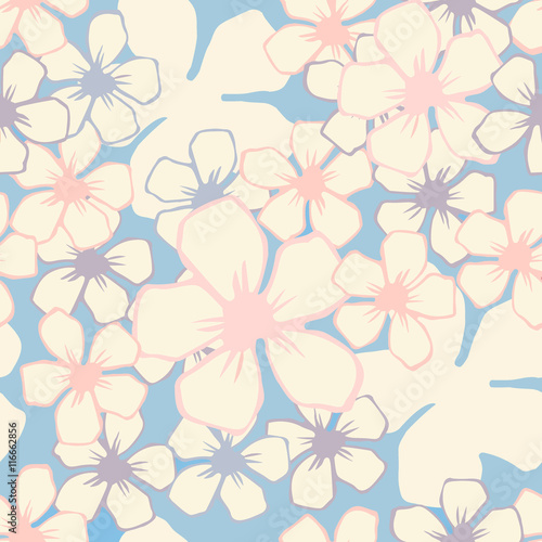 Cherry blossom flowers seamless vector pattern on blue background.