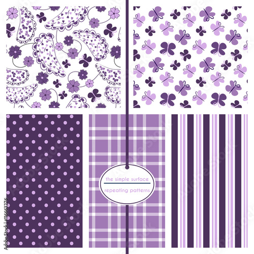 Butterfly paisley seamless pattern set. Repeating patterns for fabric, textiles, apparel, gift wrap, backgrounds and more. Purple paisley, butterfly, polka dot, plaid and stripe print. 