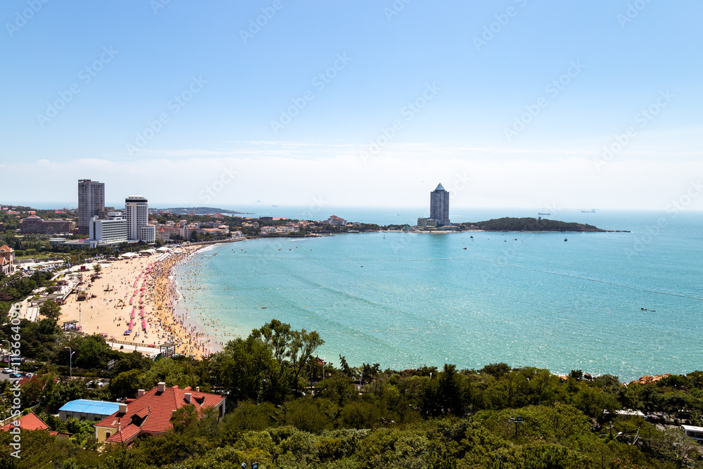 View of bathing beach N1 from the hill of Xiao Yu Shan Park in summer, Qingdao, Shandong province, China