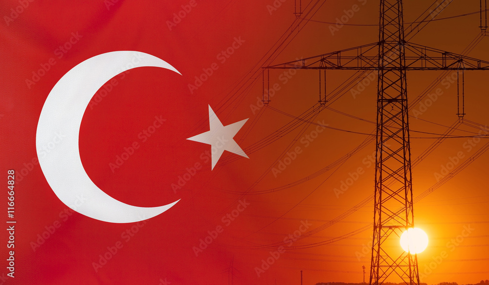 Obraz premium Energy Concept Turkey Flag with sunset power pole