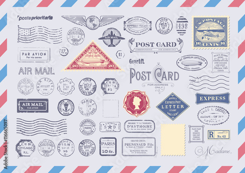 collection of mail themed design elements -grungy textured postage and rubber stamps, postcard headers and blank backgrounds/frames  on an airmail envelope background photo
