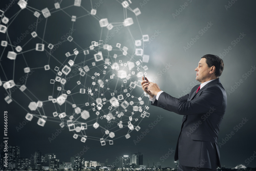 Businessman using smartphone . Mixed media Businessman using smartphone . Mixed media