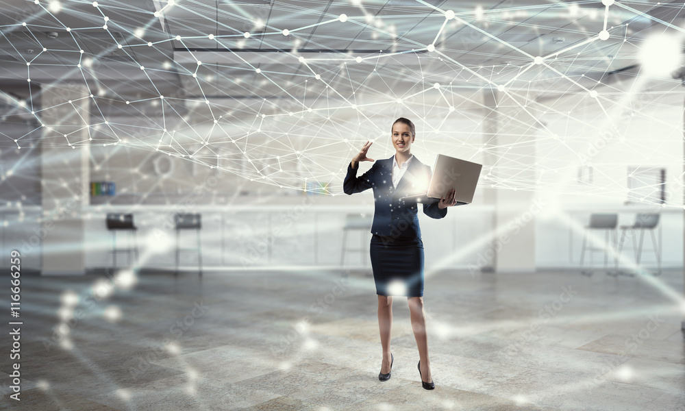 Woman with laptop in hands . Mixed media Woman with laptop in hands . Mixed media
