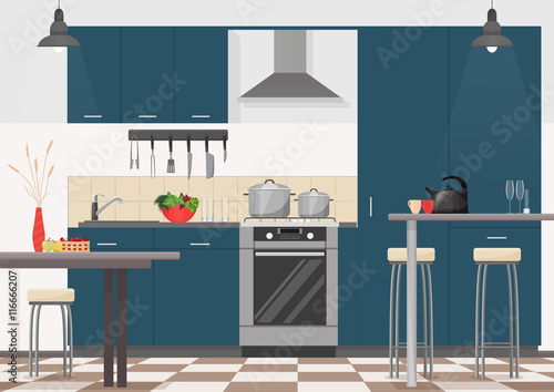 Modern kitchen interior with furniture and cooking devices. Cartoon realistic flat design of kitchen.