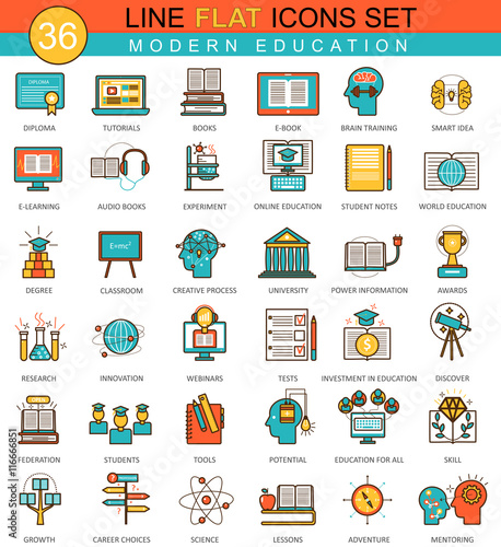 Vector Modern online education flat line icon set. Modern elegant style design for web.