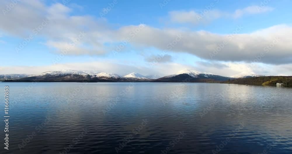 Aerial: Loch Tay in the Scottish Highlands during a clear winters day with snow on Ben Lawers, Scotland Aerial: Loch Tay in the Scottish Highlands during a clear winters day with snow on Ben Lawers, Scotland