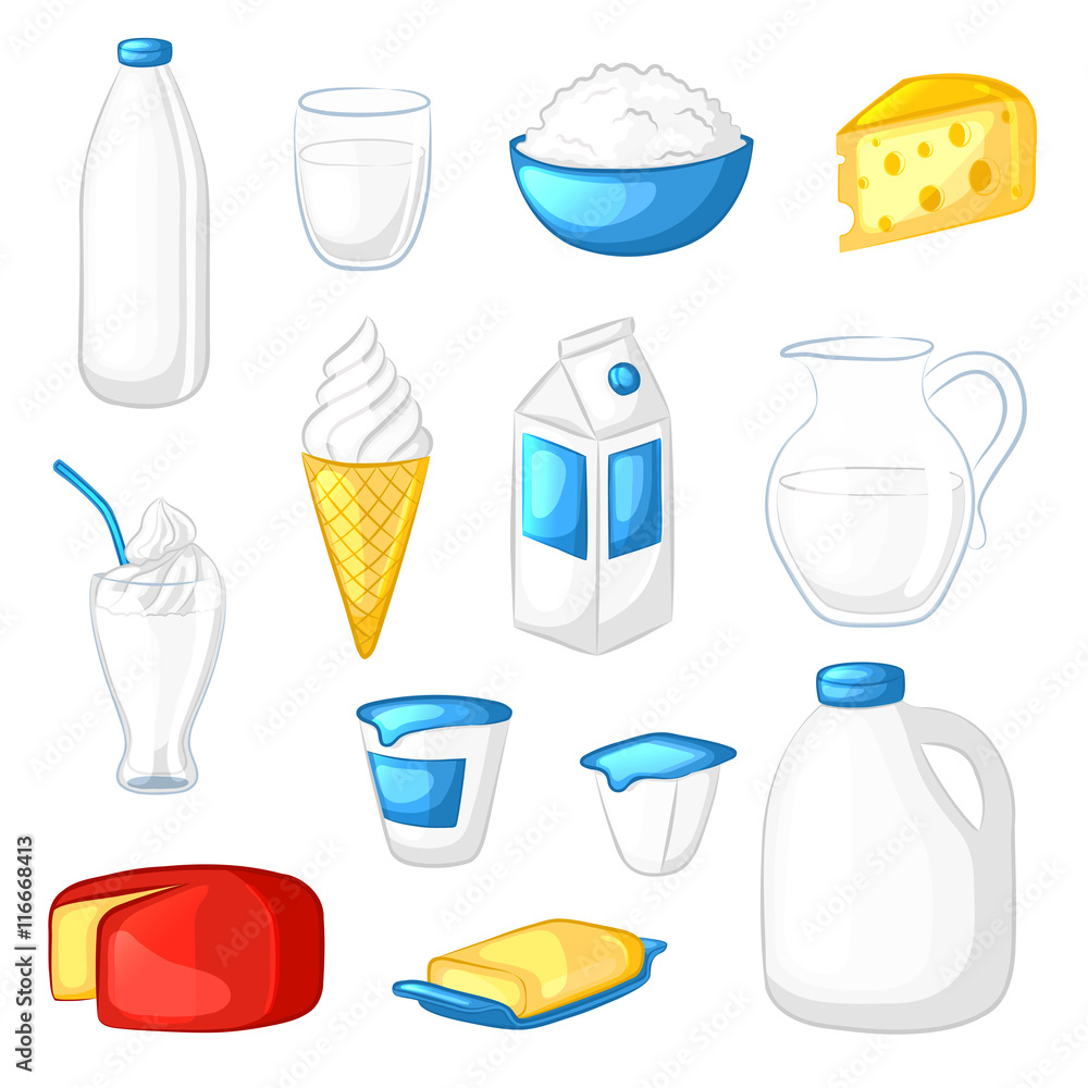 Set of milk and dairy products. Cartoon icons. Cheese, yogurt, sour cream,  butter, ice cream, milkshake. Isolated objects on white background. Vector  illustration. Stock Vector | Adobe Stock