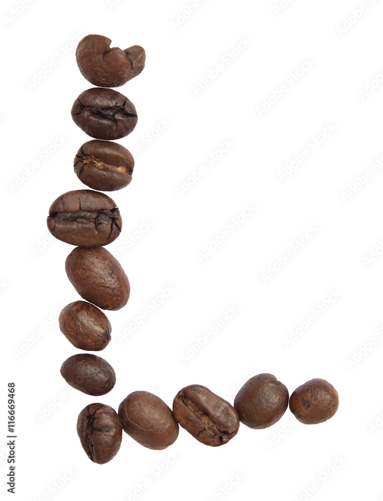 Isolated Alphabet; L make from coffee bean on white background Isolated Alphabet; L make from coffee bean on white background
