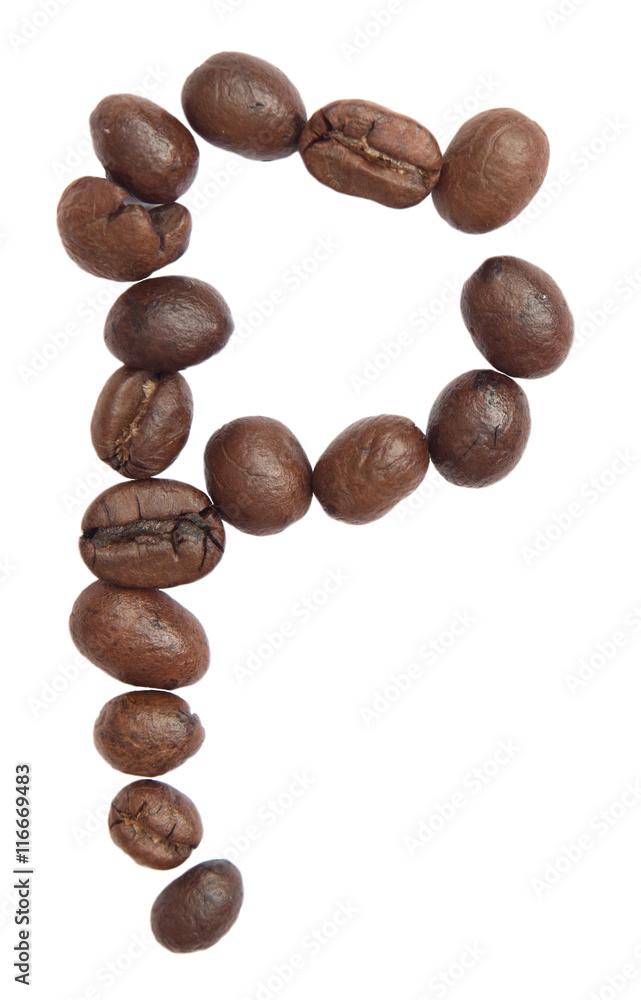 Isolated Alphabet; P make from coffee bean on white background Isolated Alphabet; P make from coffee bean on white background