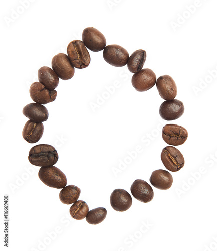 Isolated Alphabet; O make from coffee bean on white background