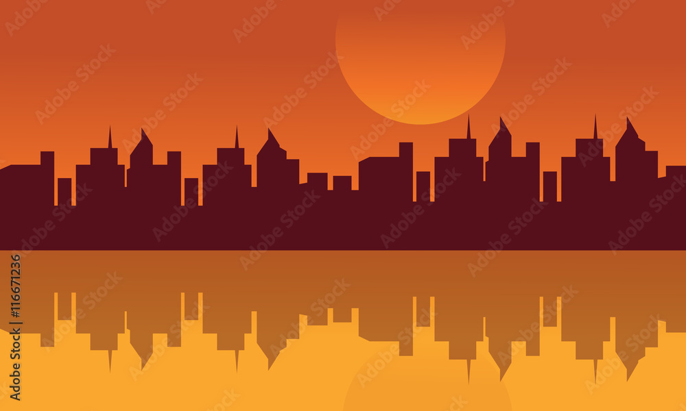 Silhouette of city and rerflection in water