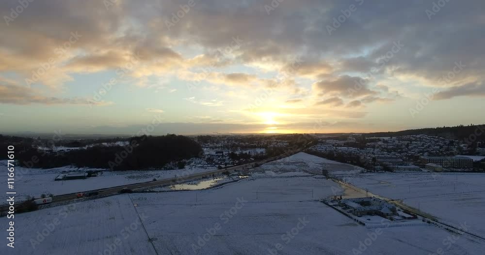 Aerial: Fields during winter covered with snow near Edinburgh, Scotland Aerial: Fields during winter covered with snow near Edinburgh, Scotland