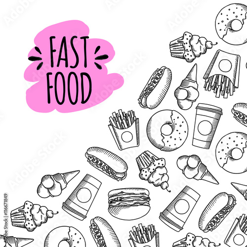 Fast food. Set of cartoon vector background.