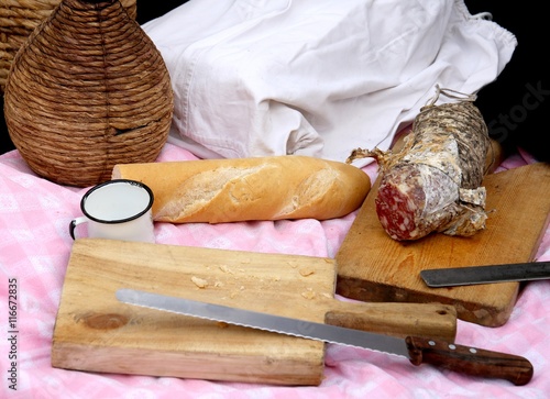 picinc with salami, fragrant bread photo