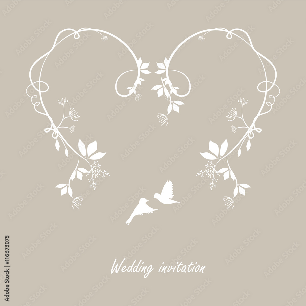 floral leaf heart silhuette with couple flying birds. Design element for wedding, romantic anniversery invitation cover floral leaf heart silhuette with couple flying birds. Design element for wedding, romantic anniversery invitation cover
