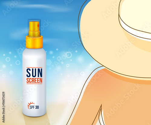 Sunscreen spray. Sun Protection. Cosmetic container. sunblock product. Close-up of, Sunbathing at beach, summer vacation. woman in sun hat. Vector illustration.
