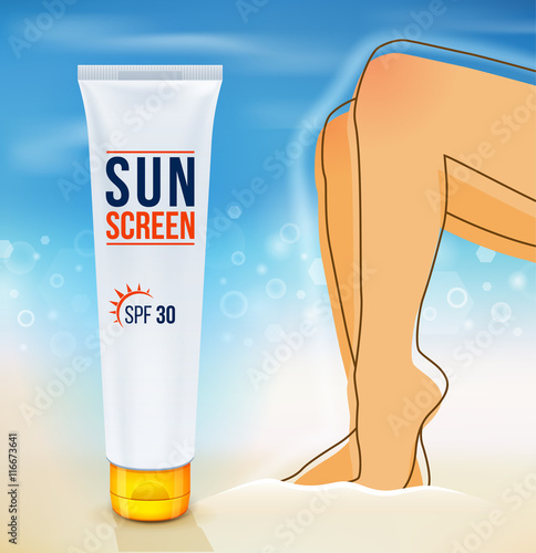 Sunscreen cream. Sun Protection. Cosmetic container. sunblock product. Close-up of, Sunbathing at beach, summer vacation. Vector illustration.