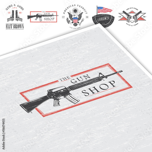 American gun shop set. Firearms store. Hunting gun. Detailed elements. Typographic labels, stickers, logos and badges.