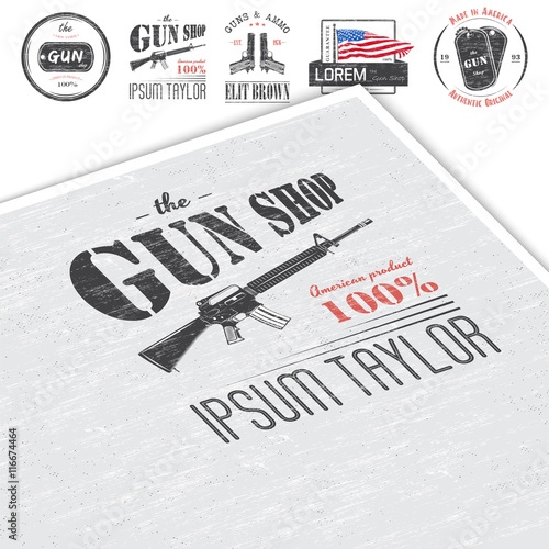 American gun shop set. Firearms store. Hunting gun. Detailed elements. Typographic labels, stickers, logos and badges.