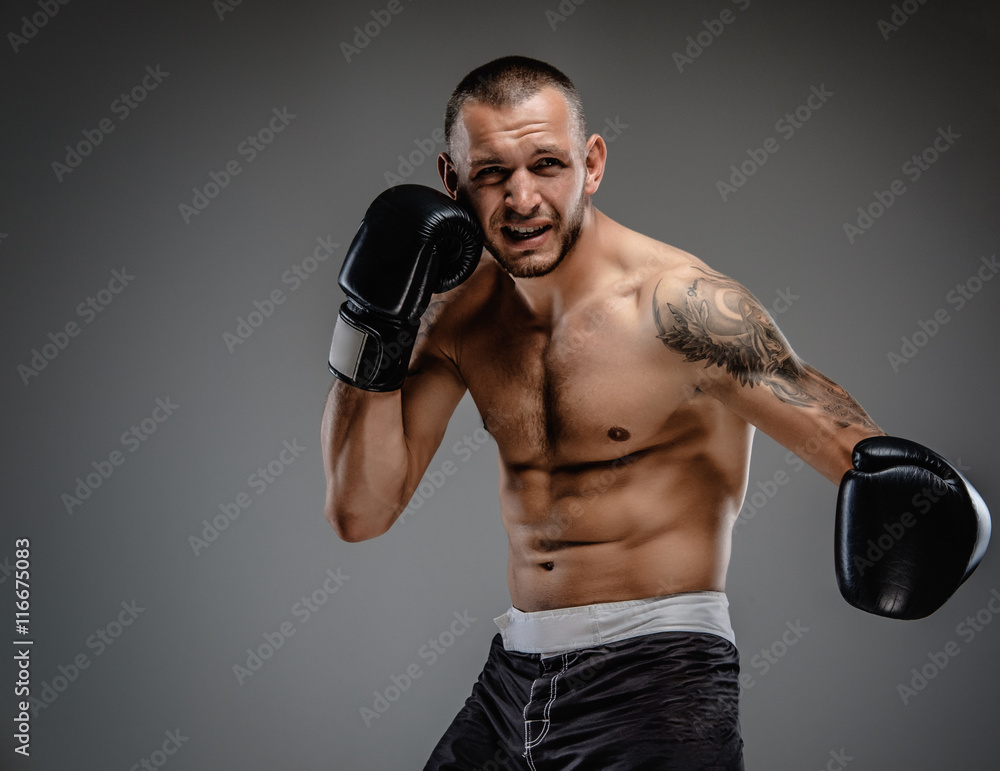 Tattooed fighter isolated on a grey background.