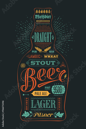 Poster bottle of beer with hand drawn lettering. Colorful vintage drawing for pub, bar menu, beer card, t-shirt print and beer themes. Isolated black bottle of beer wih lettering. Vector Illustration