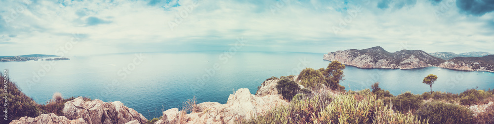 Panoramic view of rocky coastline and ocean
