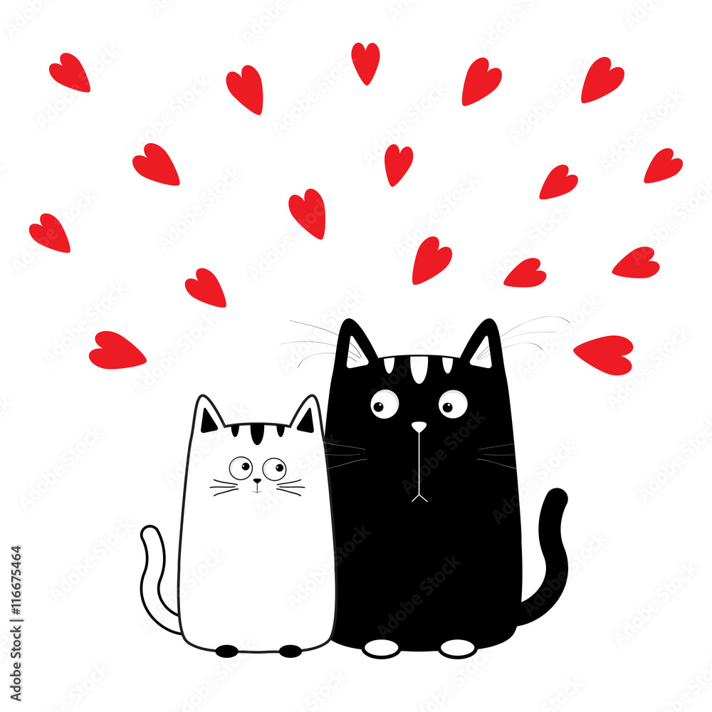 Cute cartoon black white cat boy and girl. Kitty couple on date. Big  mustache whisker. Funny character set. Happy family. Love greeting card.  Flat design. Heart background. Isolated. Stock Vector | Adobe