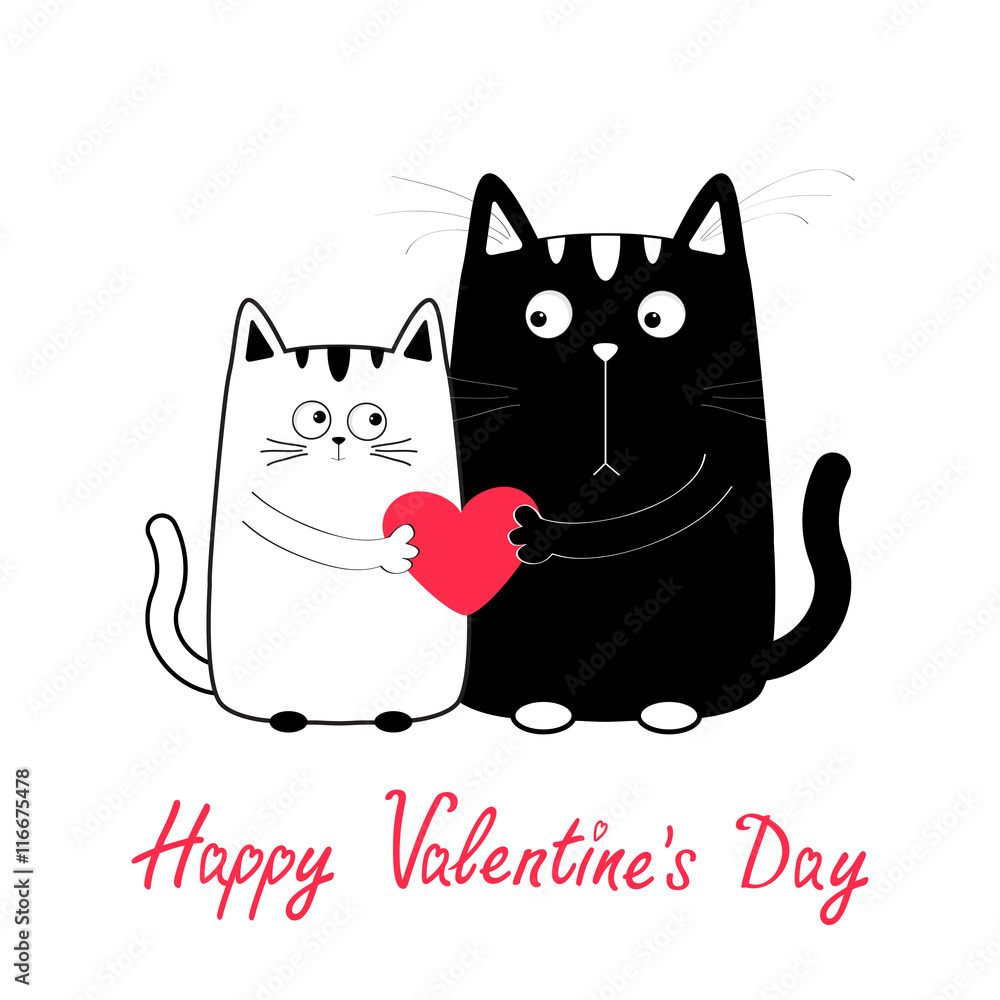 Happy Valentines Day. Cute cartoon black white cat boy and girl family  holding red heart. Kitty couple on date. Funny character set. Love greeting  card. Flat design. Baby background. Isolated. Stock Vector |