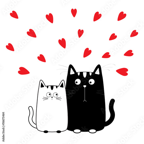 Cute cartoon black white cat boy and girl. Kitty couple on date. Big mustache whisker. Funny character set. Happy family. Love greeting card. Flat design. Heart background. Isolated.