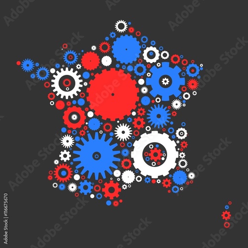 Wallpaper Mural France map silhouette mosaic of cogs and gears. Illustration in national colors on dark grey background. Torontodigital.ca