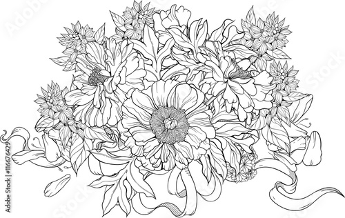 bunch of flowers with ribbons. Coloring page.