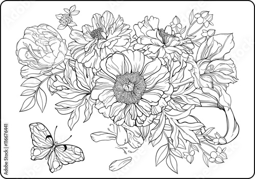 Fototapeta Naklejka Na Ścianę i Meble -  bunch of flowers and a butterfly. Coloring page
