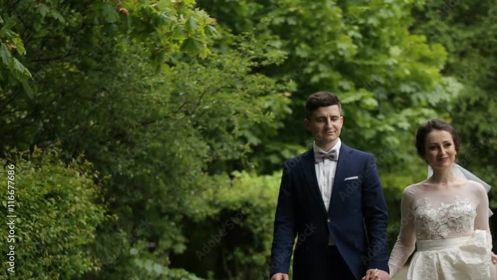 Bride and groom walking in park holding hand Bride and groom walking in park holding hand