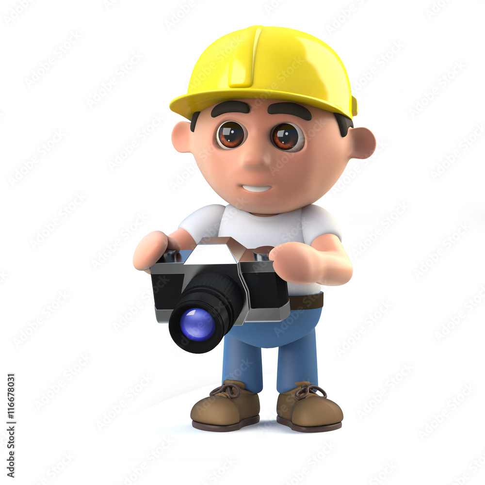 3d Construction worker takes a photo with his camera 3d Construction worker takes a photo with his camera