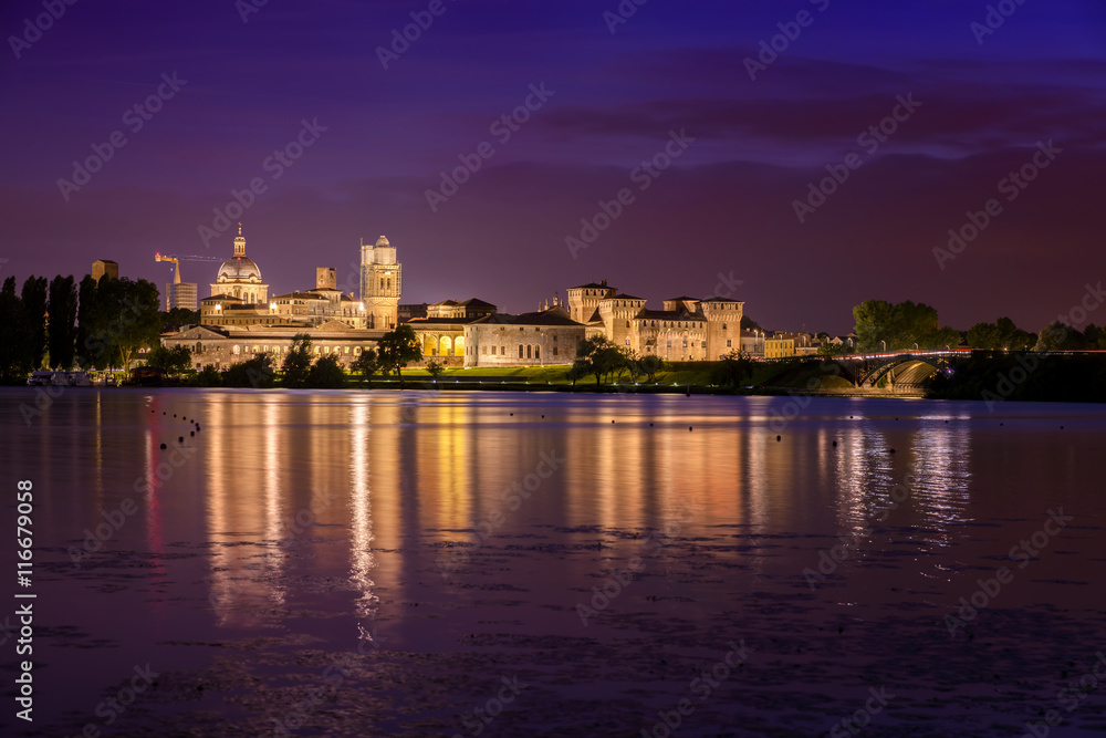 Mantua night skyline on river