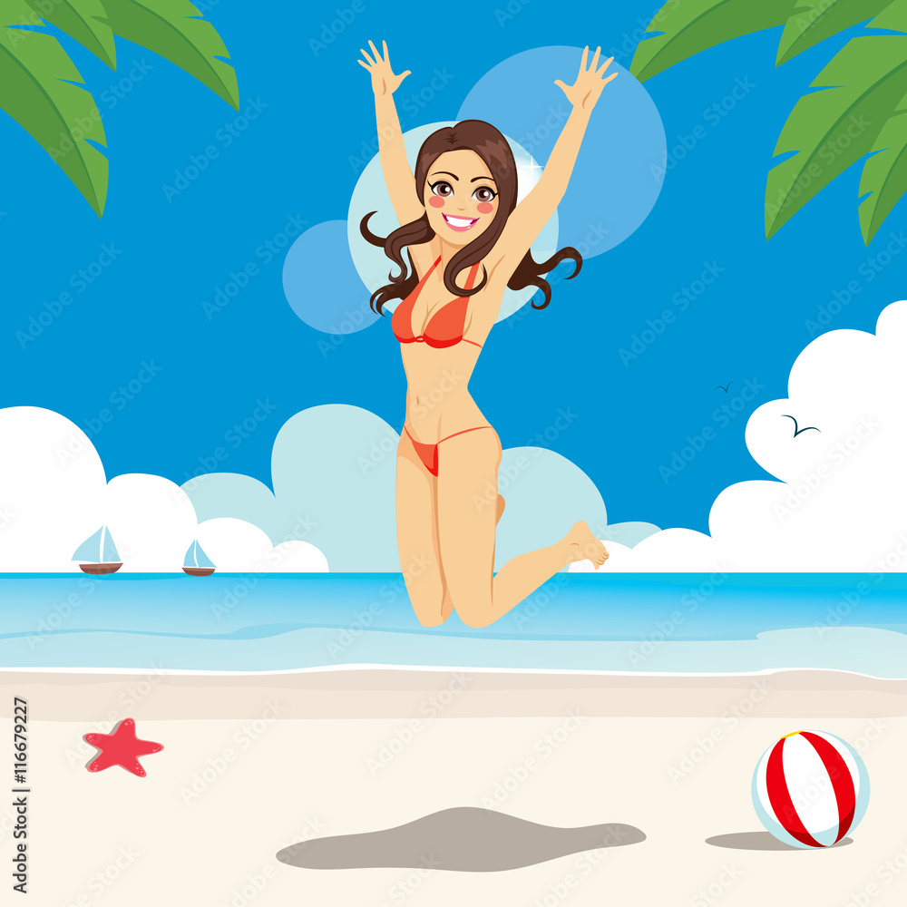 Beautiful brunette woman in bikini jumping happy on the beach