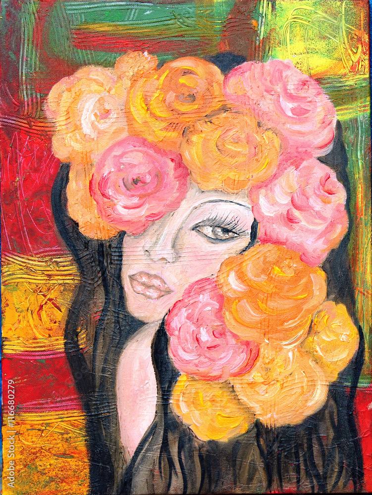 Girl with roses portrait oil painting on abstract background Stock  Illustration | Adobe Stock