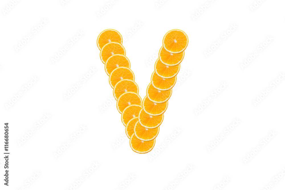 Alphabet, Made of sliced citrus, orange fruit Isolated on white Alphabet, Made of sliced citrus, orange fruit Isolated on white