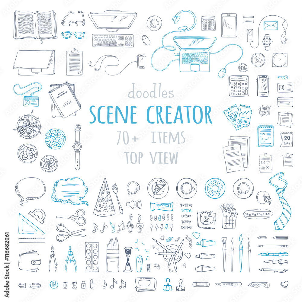 Vector set of doodles work place gadgets and stationery. Vector set of doodles work place gadgets and stationery.