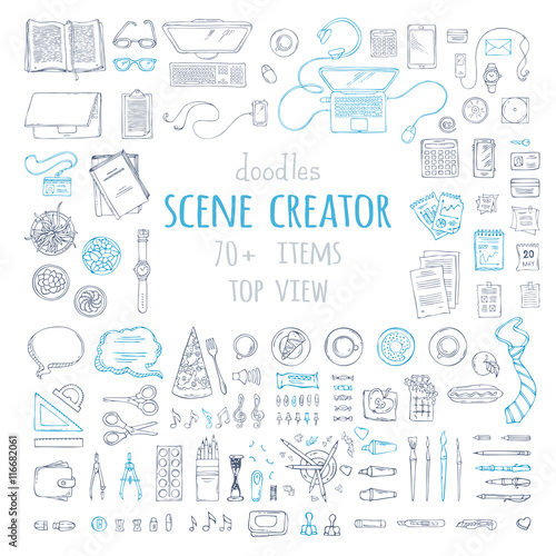Vector set of doodles work place gadgets and stationery.