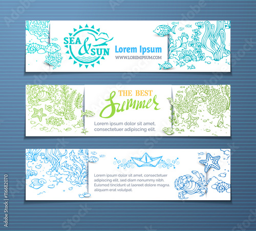 Vector sea life horizontal banners.