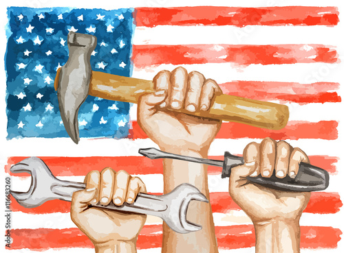 Hands with tools on the background of the USA flag. happy labor day watercolor illustration