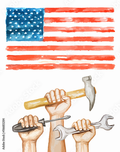 Hands with tools on the background of the USA flag. happy labor day watercolor illustration