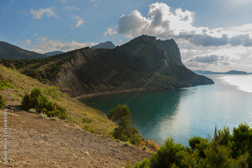 View on Mount Koba-Kaya from Cape Kapchik in Black Sea. Crimea.
