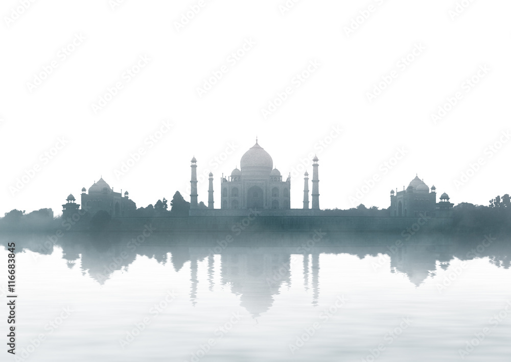 India landmark - Taj Mahal panorama with fog