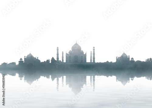 India landmark - Taj Mahal panorama with fog